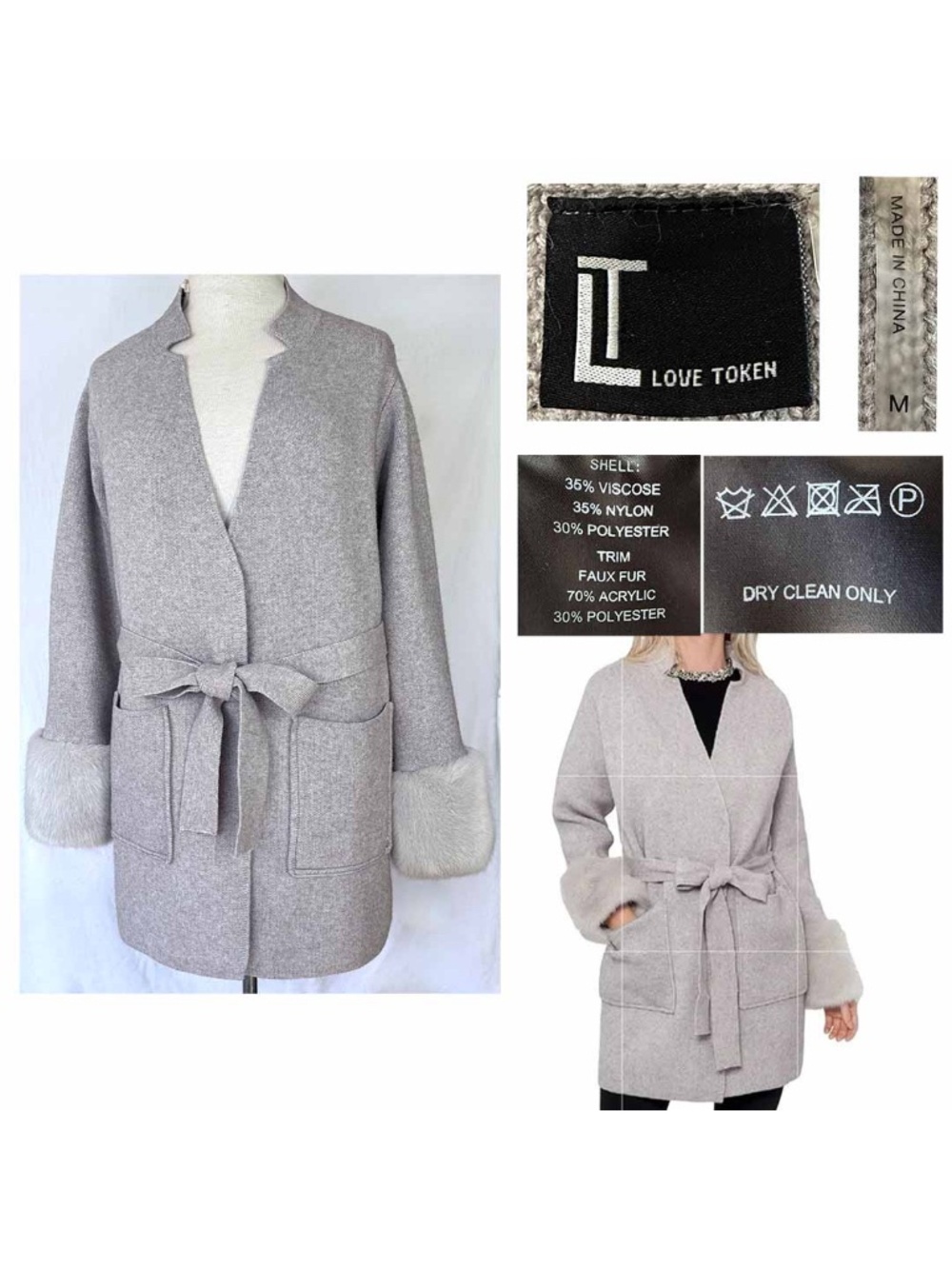 LOVE TOKEN Women Medium Light Gray Knit Faux Fur Trim GINNY Belted Cardigan EUC